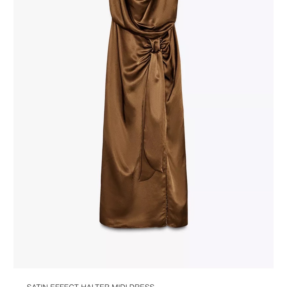Zara SATIN EFFECT HALTER MIDI DRESS M Brown NWT - Picture 5 of 7